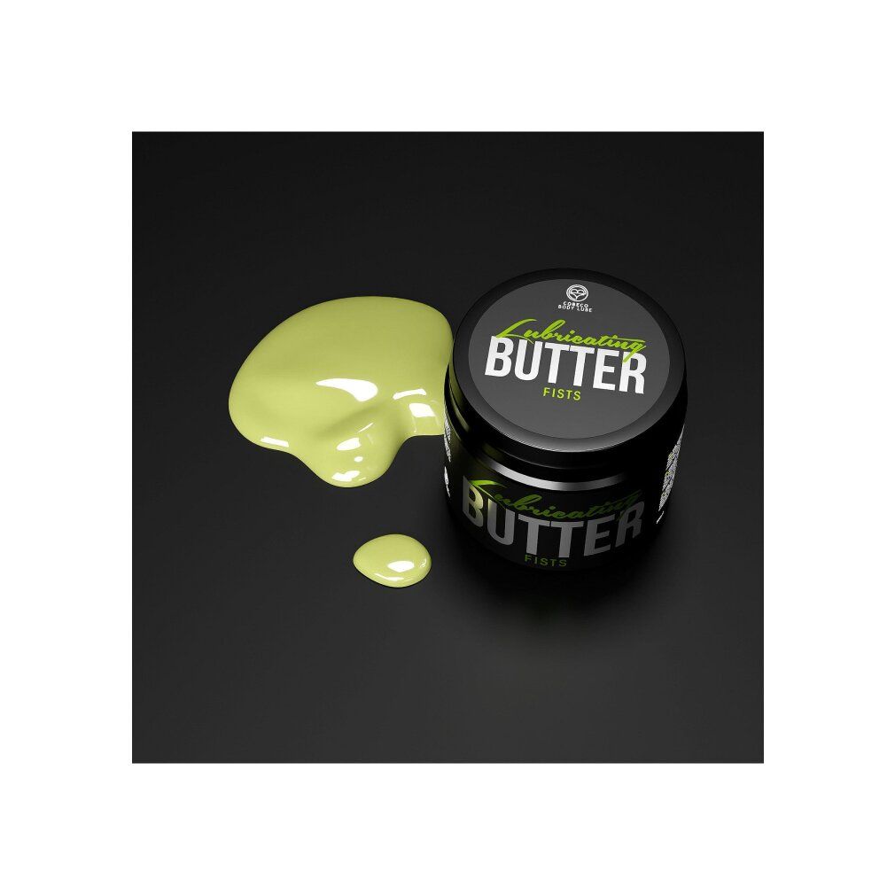 Barattolo nero con coperchio e liquido verde accanto. Scritta: Lubricating BUTTER, FISTS. Scritta verde e argento.
