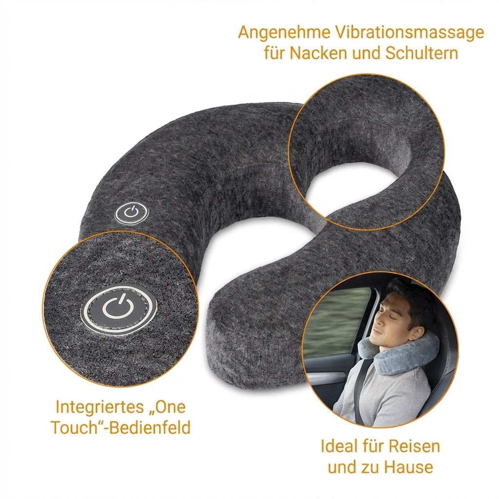 Cuscino da viaggio grigio con pannello "One Touch", indicazione massaggio vibrante e immagine d'uso.