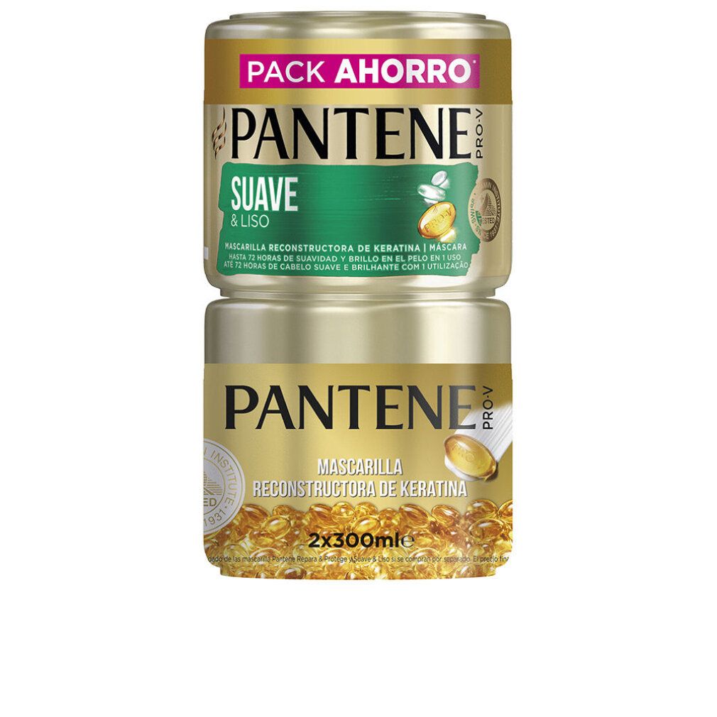 Due barattoli dorati sovrapposti. Scritta: PANTENE PRO-V, SUAVE & LISO, Mascarilla Reconstructora de Keratina. 2x300ml.