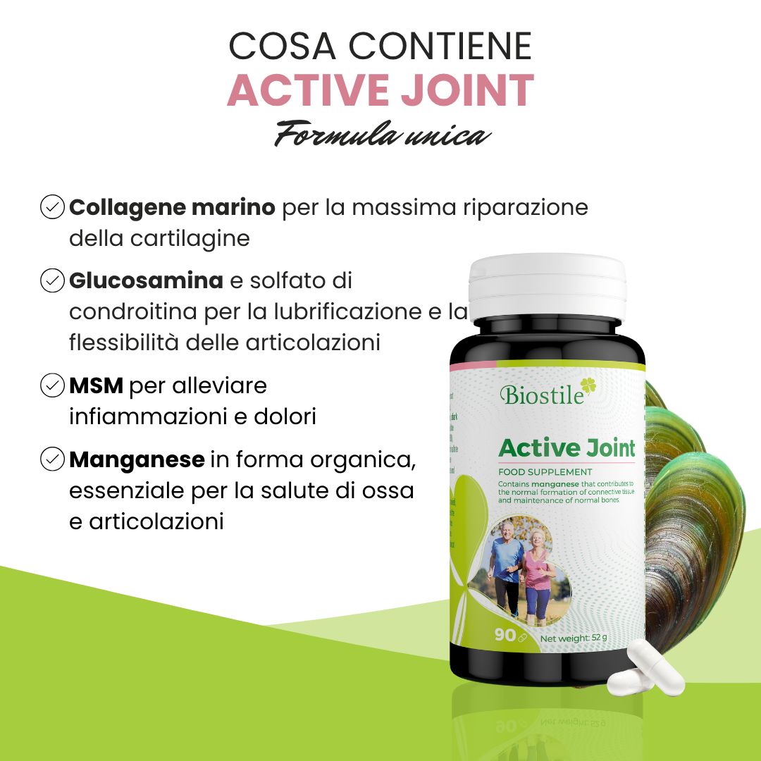 Flacone Biostile Active Joint. Testo: Cosa contiene Active Joint? Collagene marino, glucosamina, MSM, manganese.