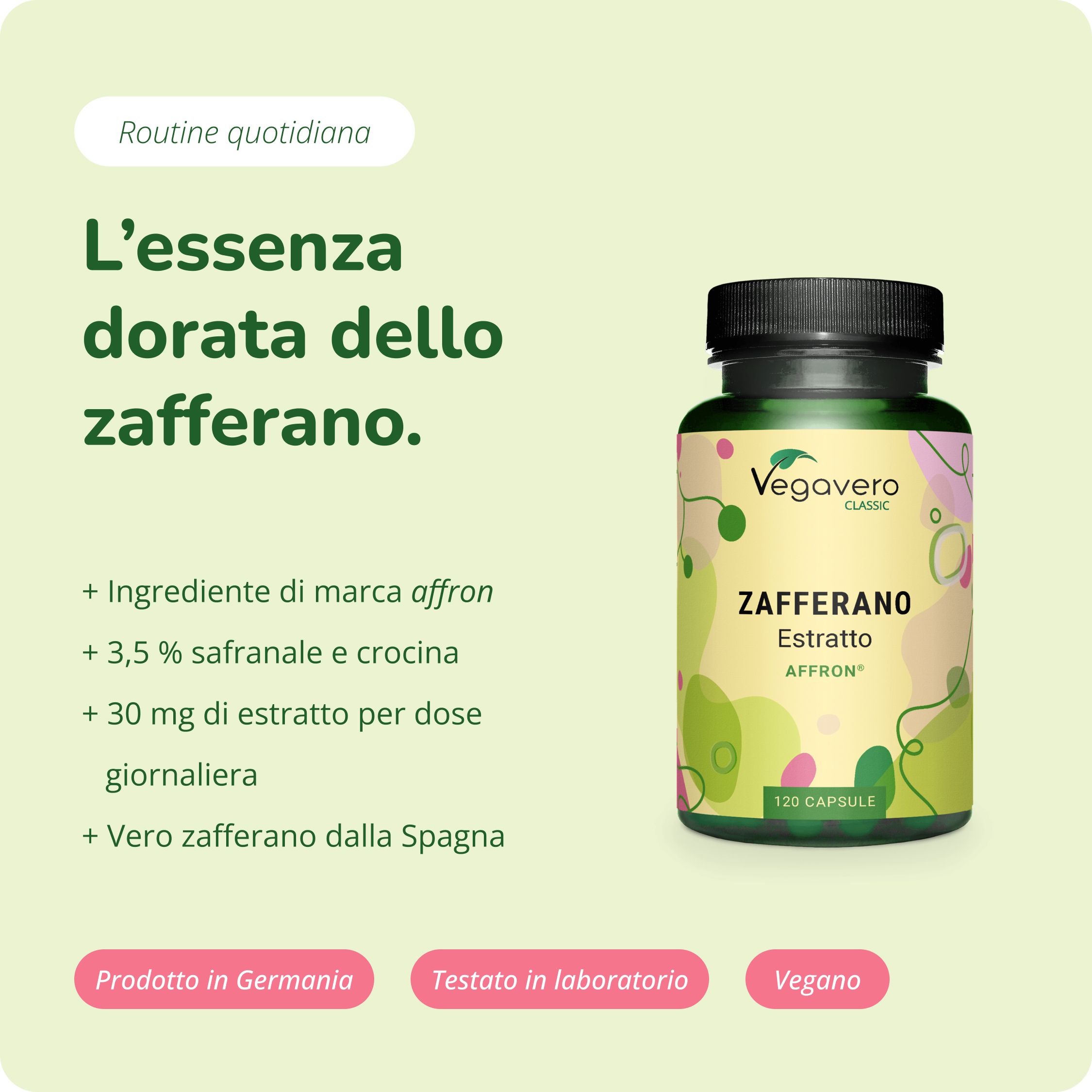 Flacone da 120 capsule Vegavero Estratto di Zafferano, con etichette multilingue.