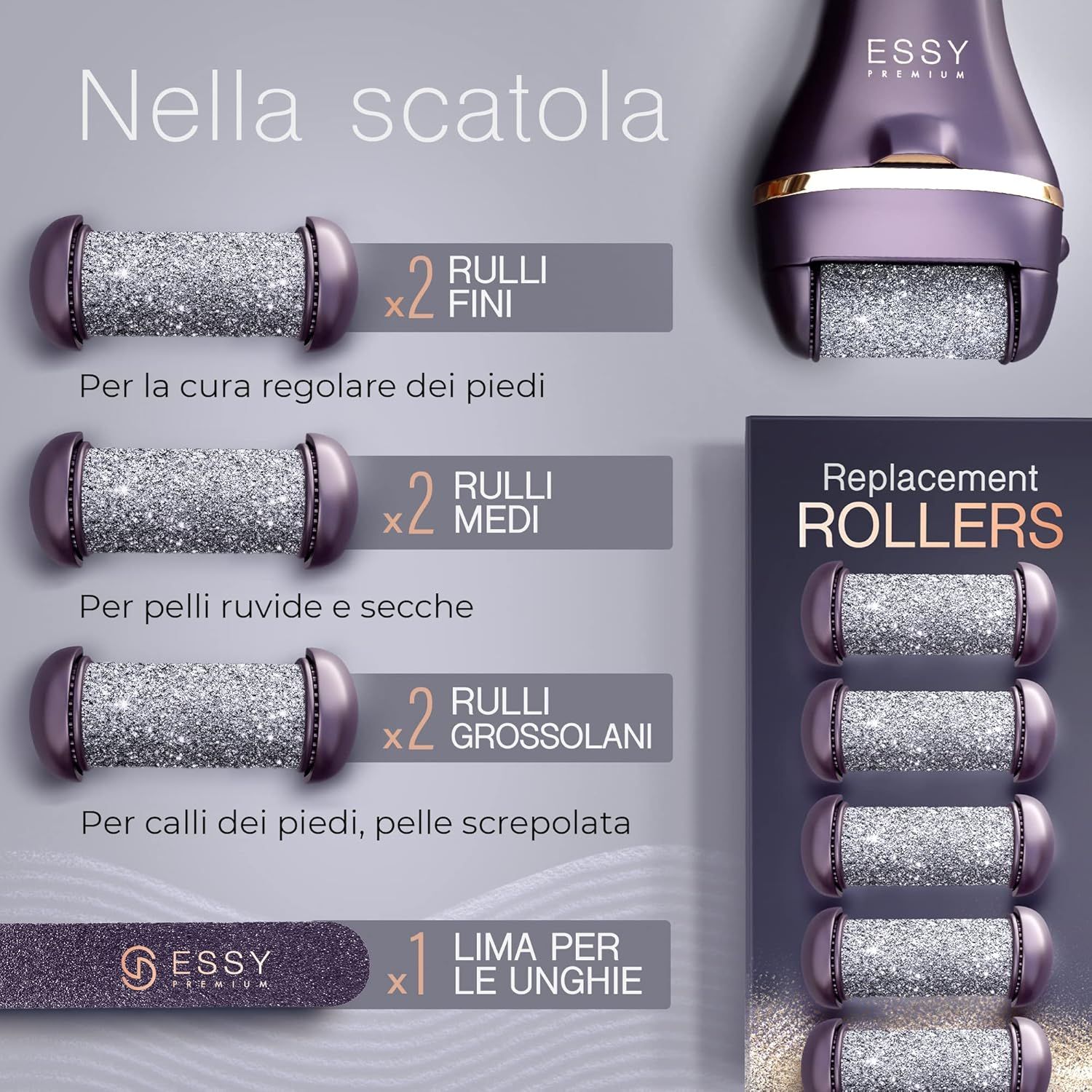 Rimuovi calli elettrico Essy con 5 rulli di ricambio – Viola
