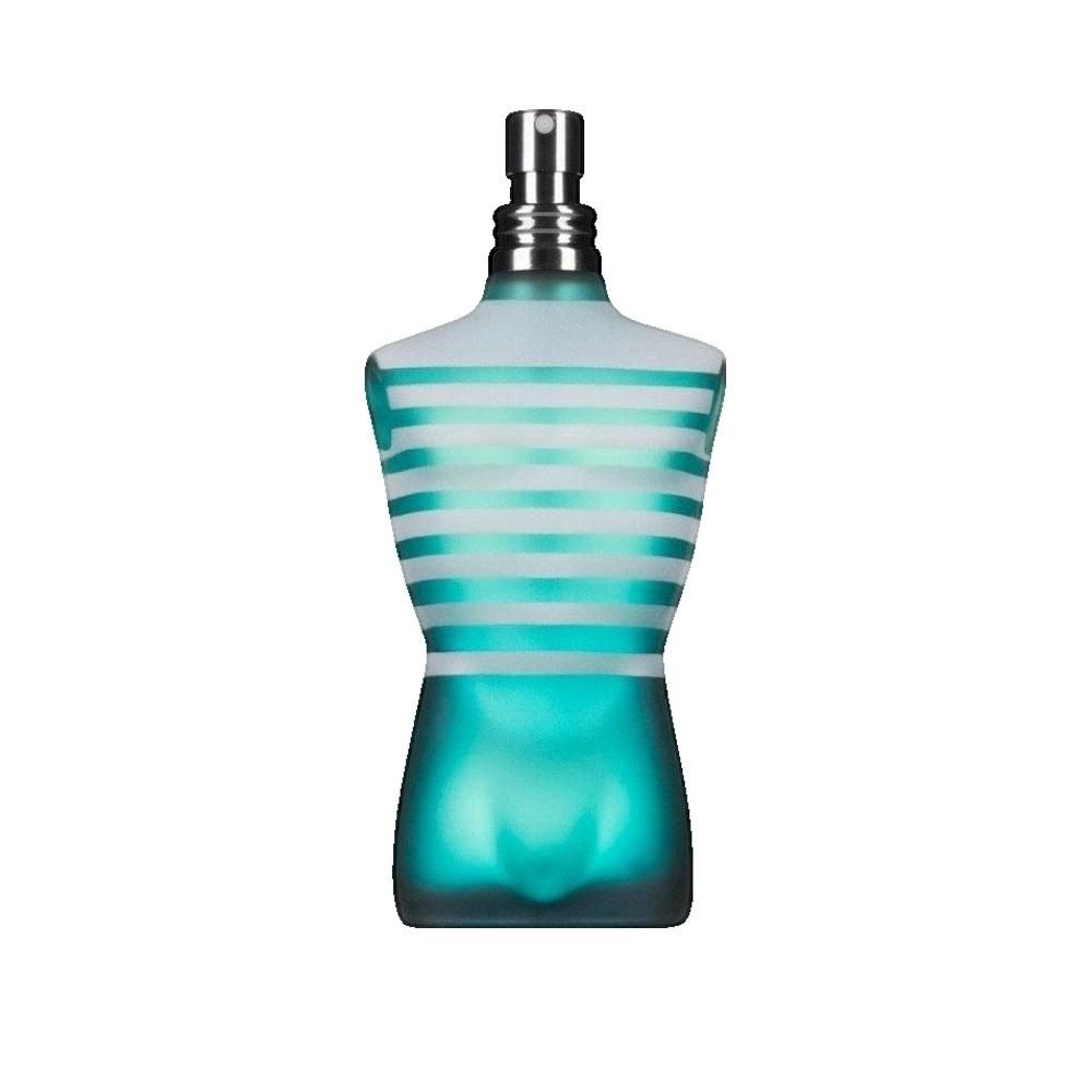 Flacone a forma di torso, turchese trasparente con strisce bianche. Testa spray argentata. Scritta illeggibile.