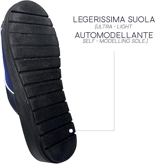 Dettaglio della suola della pantofola. Suola ultraleggera, automodellante. Suola nera con scanalature.