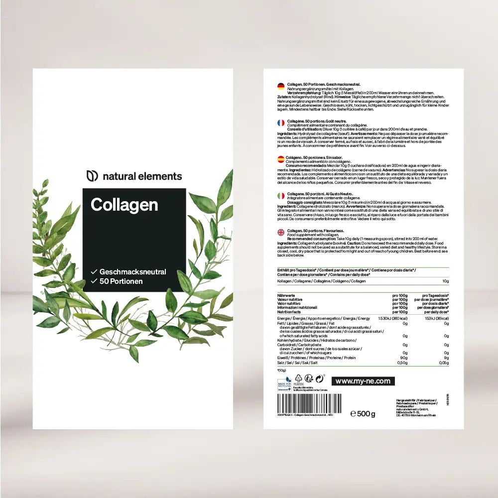 Confezione del prodotto con testo e informazioni nutrizionali. Logo natural elements. Informazioni multilingue sul retro.