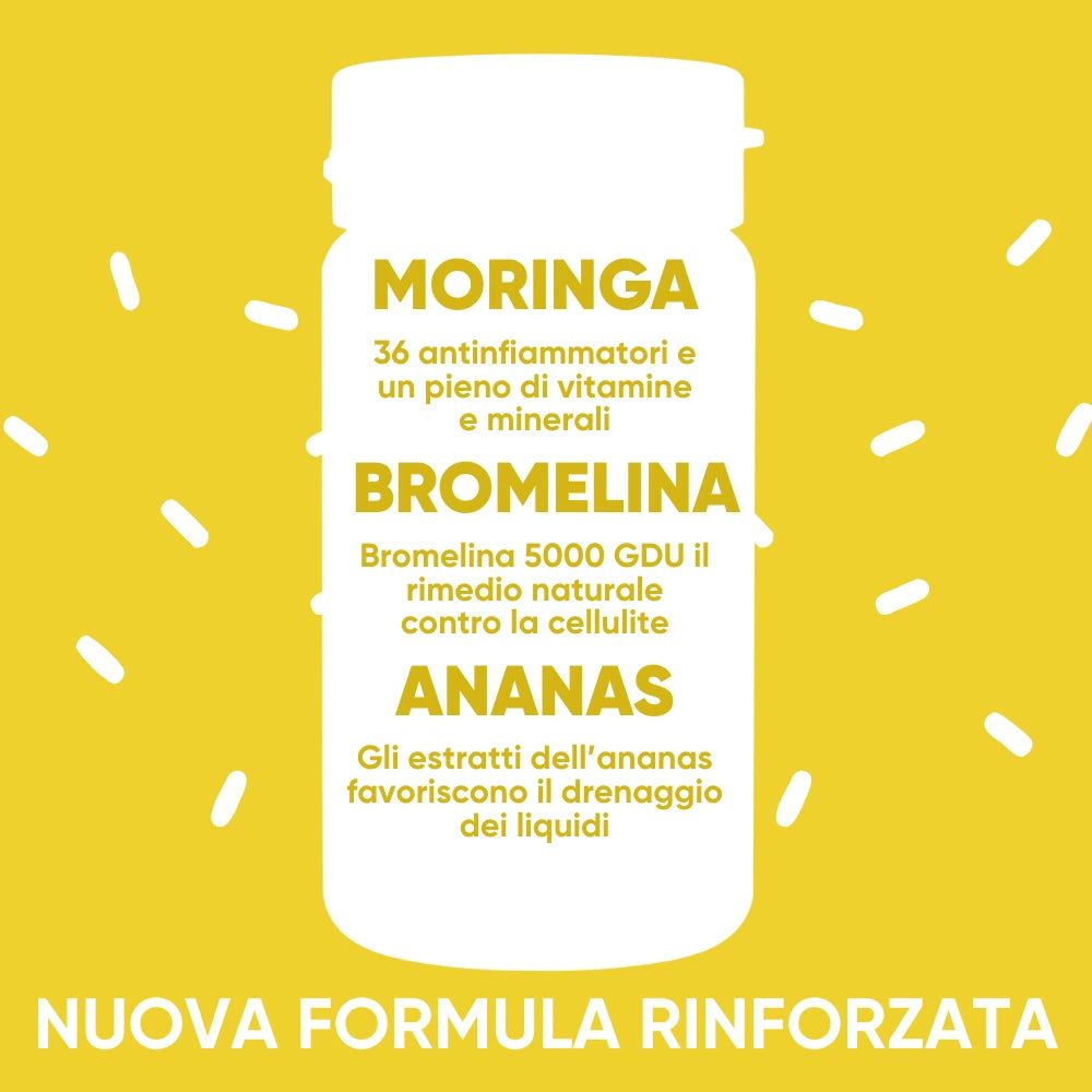 Grafica gialla con informazioni sul prodotto. Testo in italiano: Moringa, Bromelina, Ananas. Nuova formula rinforzata.