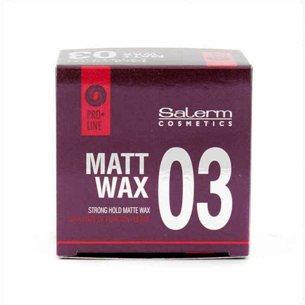 Scatola quadrata con scritta "Matt Wax 03" e "Salerm Cosmetics". Testo rosso e bianco su sfondo viola.