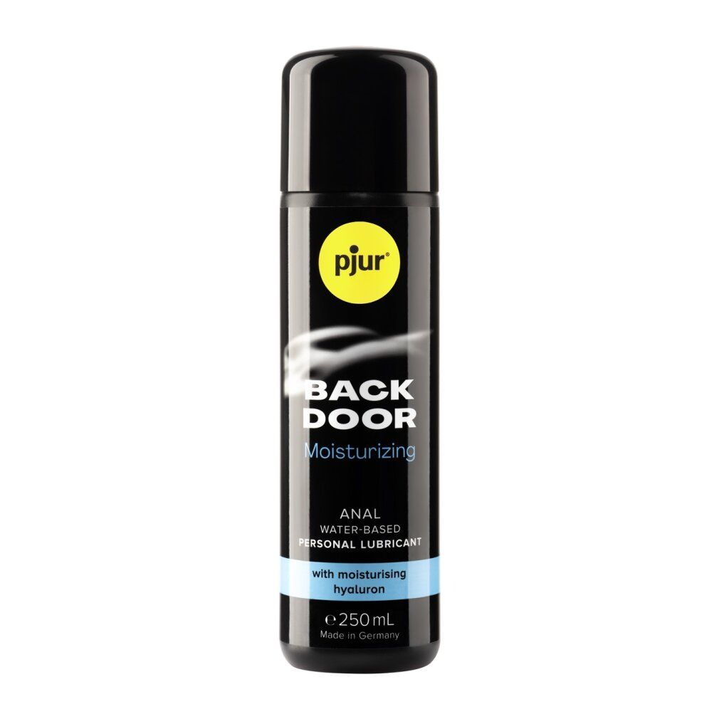 Flacone nero con logo giallo e tappo nero. Scritta: pjur, BACK DOOR, Anal water-based personal lubricant. 250ml.
