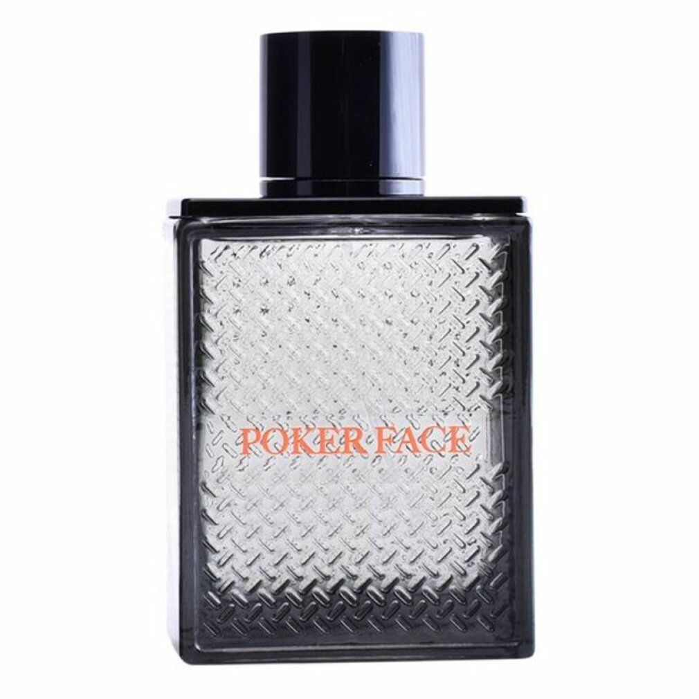 Flacone rettangolare con tappo nero. Scritta rossa "POKER FACE". Motivo geometrico sulla parte anteriore.