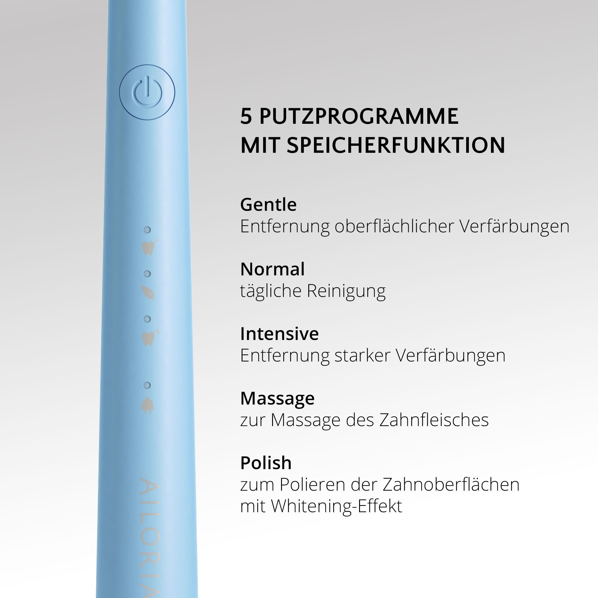 Primo piano dello spazzolino sonico blu. Testo: 5 programmi di pulizia con funzione memoria. Delicato, Normale, Intensivo, Massaggio, Polish.