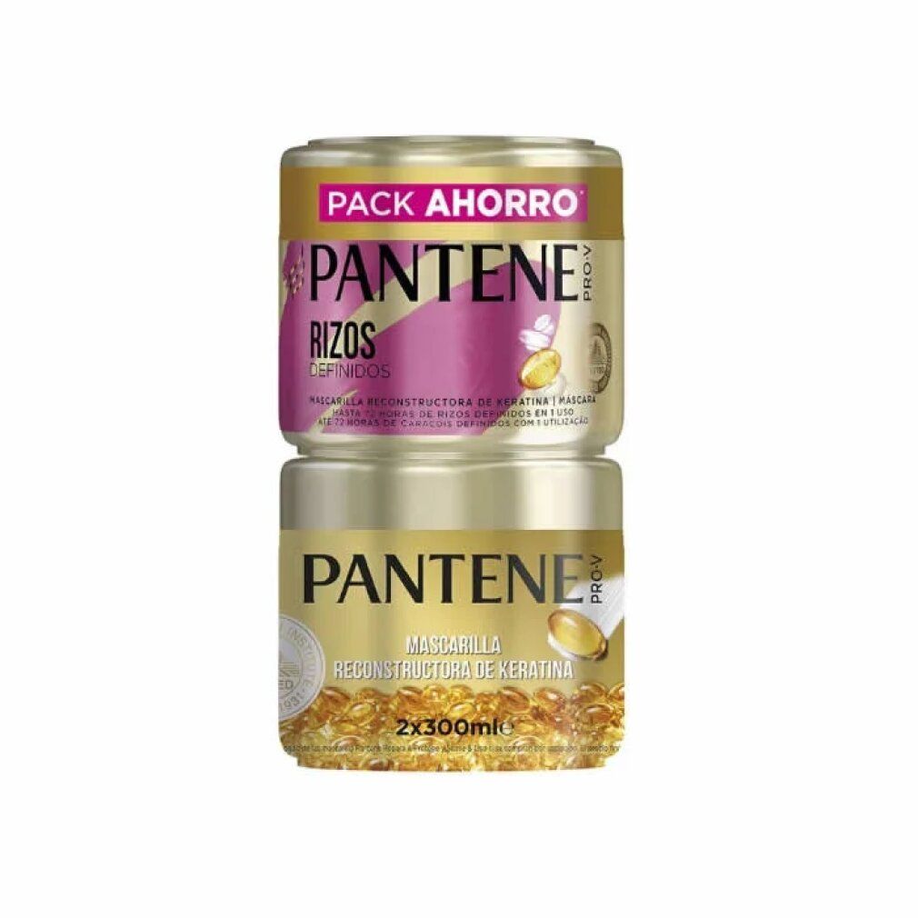 Due barattoli dorati sovrapposti. Sopra: "PACK AHORRO", "PANTENE RIZOS DEFINIDOS". Sotto: "MASCARILLA RECONSTRUCTORA DE KERATINA".