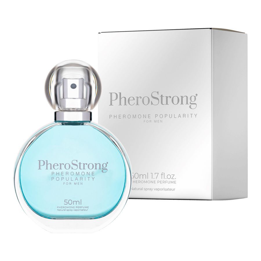 Flacone e confezione profumo PheroStrong. Profumo azzurro, 50ml. Pheromone Popularity for Men.