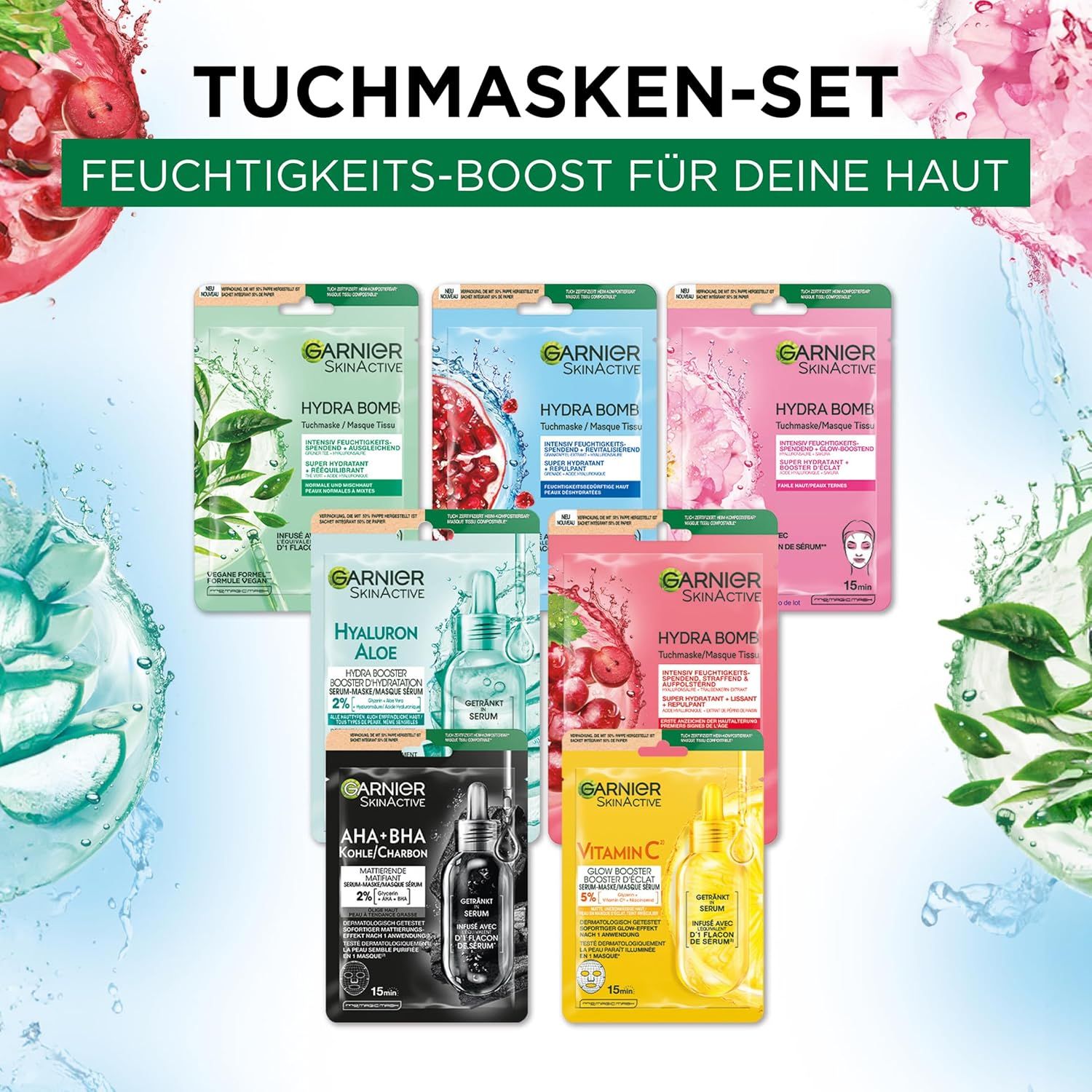 Set di maschere in tessuto Garnier SkinActive con 7 maschere diverse. Testo: Boost di idratazione per la tua pelle. Confezioni singole.