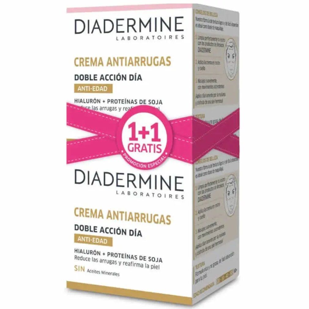 Confezione crema Diadermine. Scritta: Crema antirughe, 1+1 gratis. Fiocco rosa.