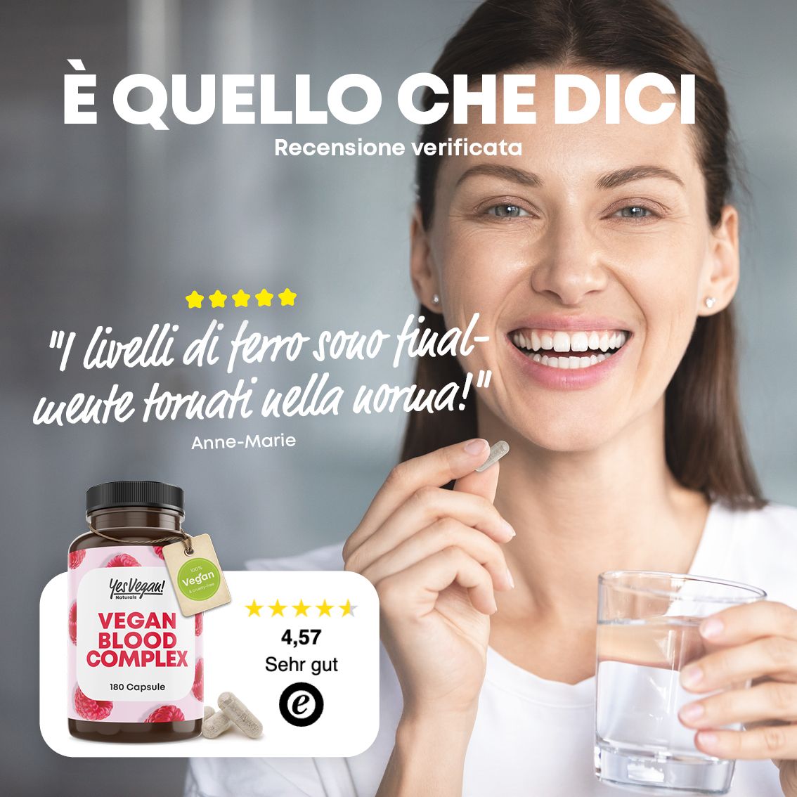 Flacone con motivo di lamponi e etichetta "100% Vegan", con capsule accanto (Italiano).