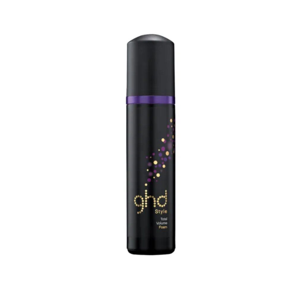 Flacone nero con dettagli viola ed erogatore nero. Scritta dorata: ghd, Style, total volume foam. Mousse volumizzante.