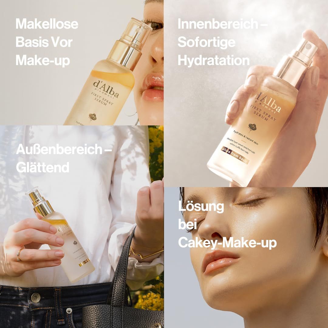 Collage con prodotto e testo. Aree: Base trucco, idratazione immediata, levigante, soluzione per trucco cakey.