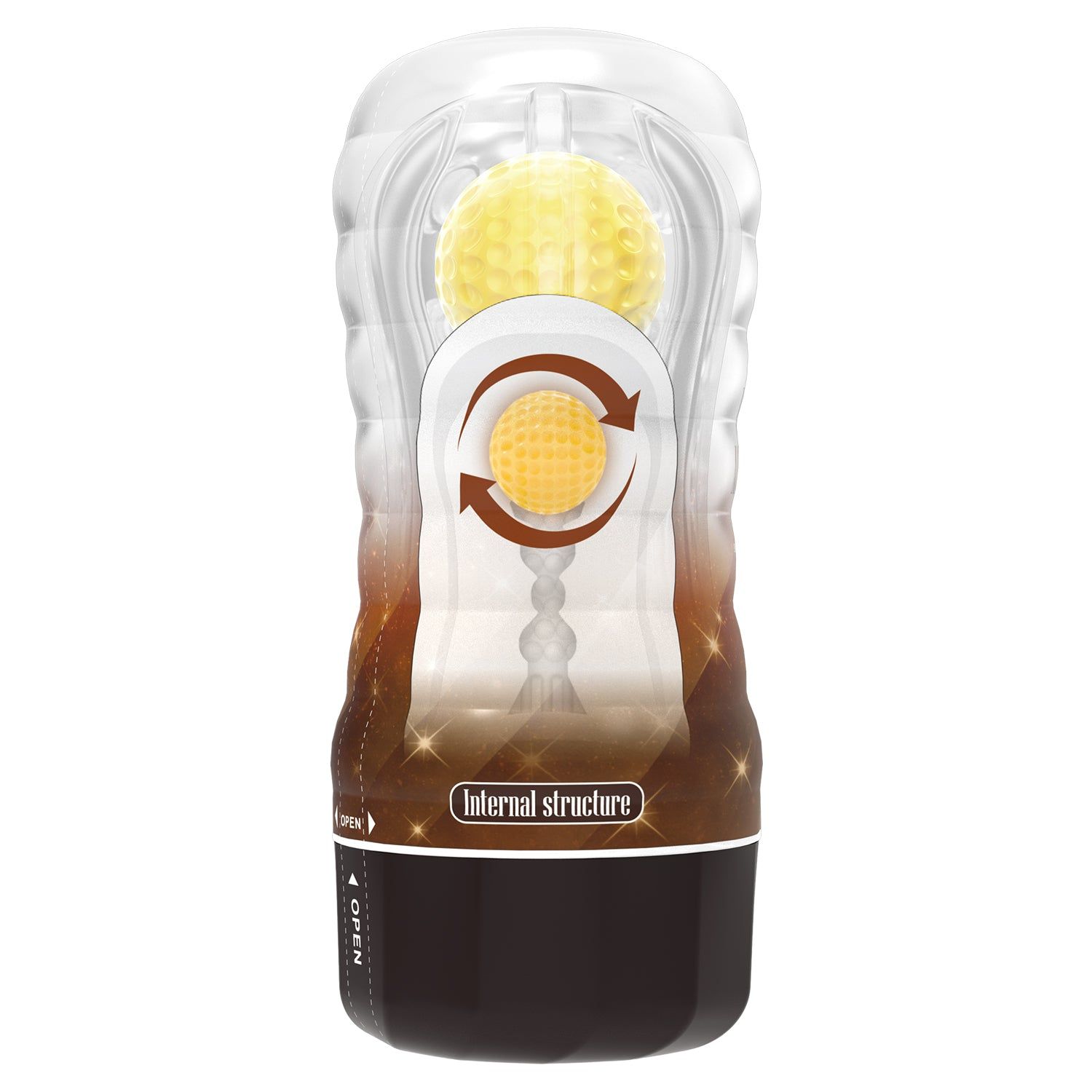 Masturbatore a tazza a vuoto. Corpo trasparente, base marrone. Inserto giallo. Testo: VACUUM CUP MASTURBATOR, Stellar, Internal structure.