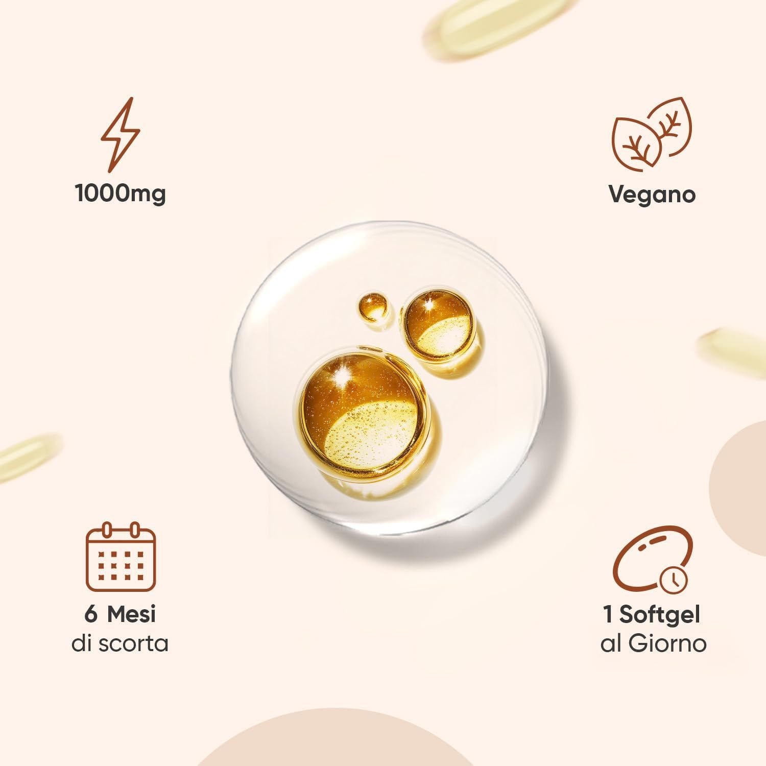 Mano che tiene una capsula. Simboli: 1000mg, vegano, 6 mesi di scorta, 1 capsula al giorno.