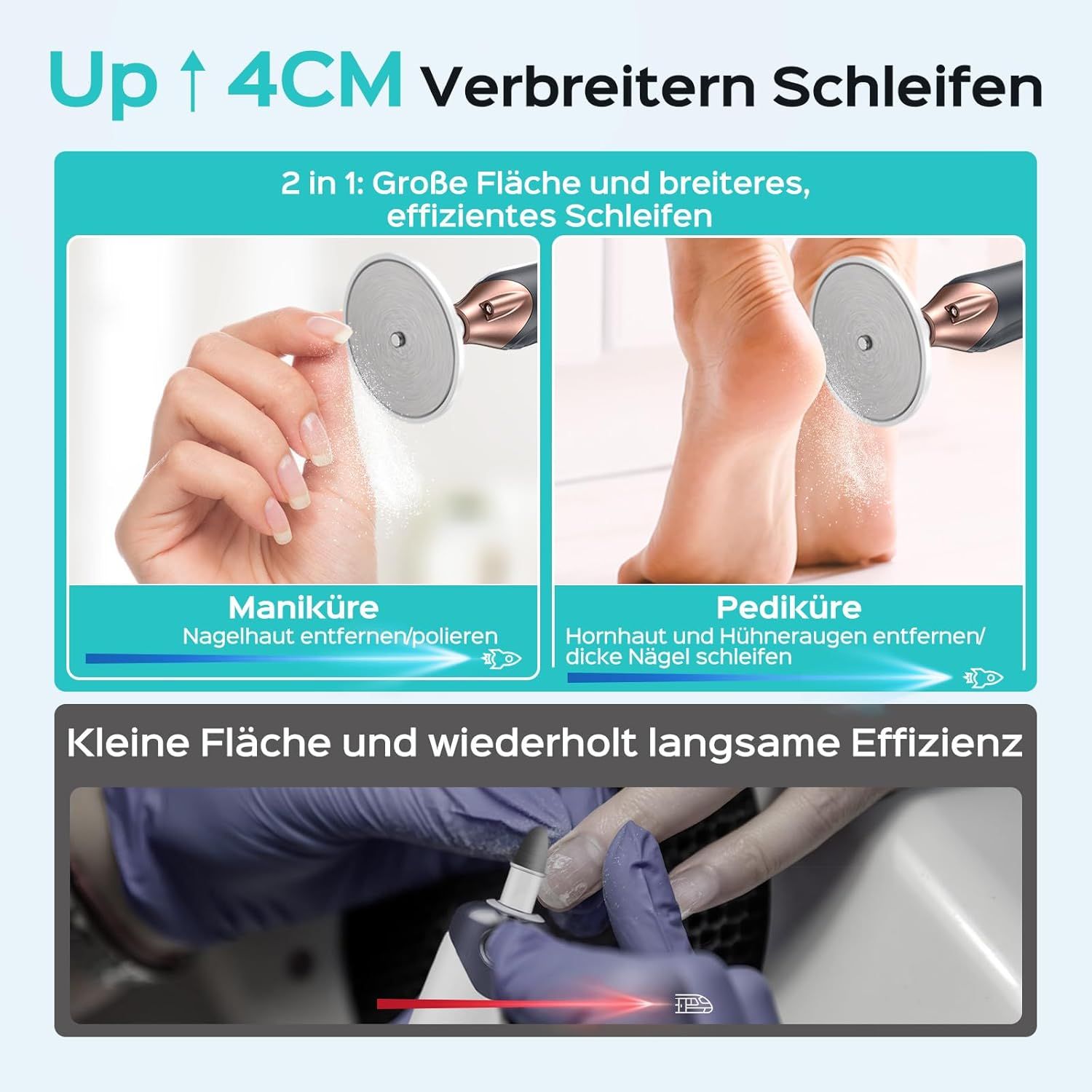 Lima per unghie elettrica. 2 in 1: superfici ampie e levigatura più ampia. Manicure e pedicure. Superfici piccole ed efficienza lenta.