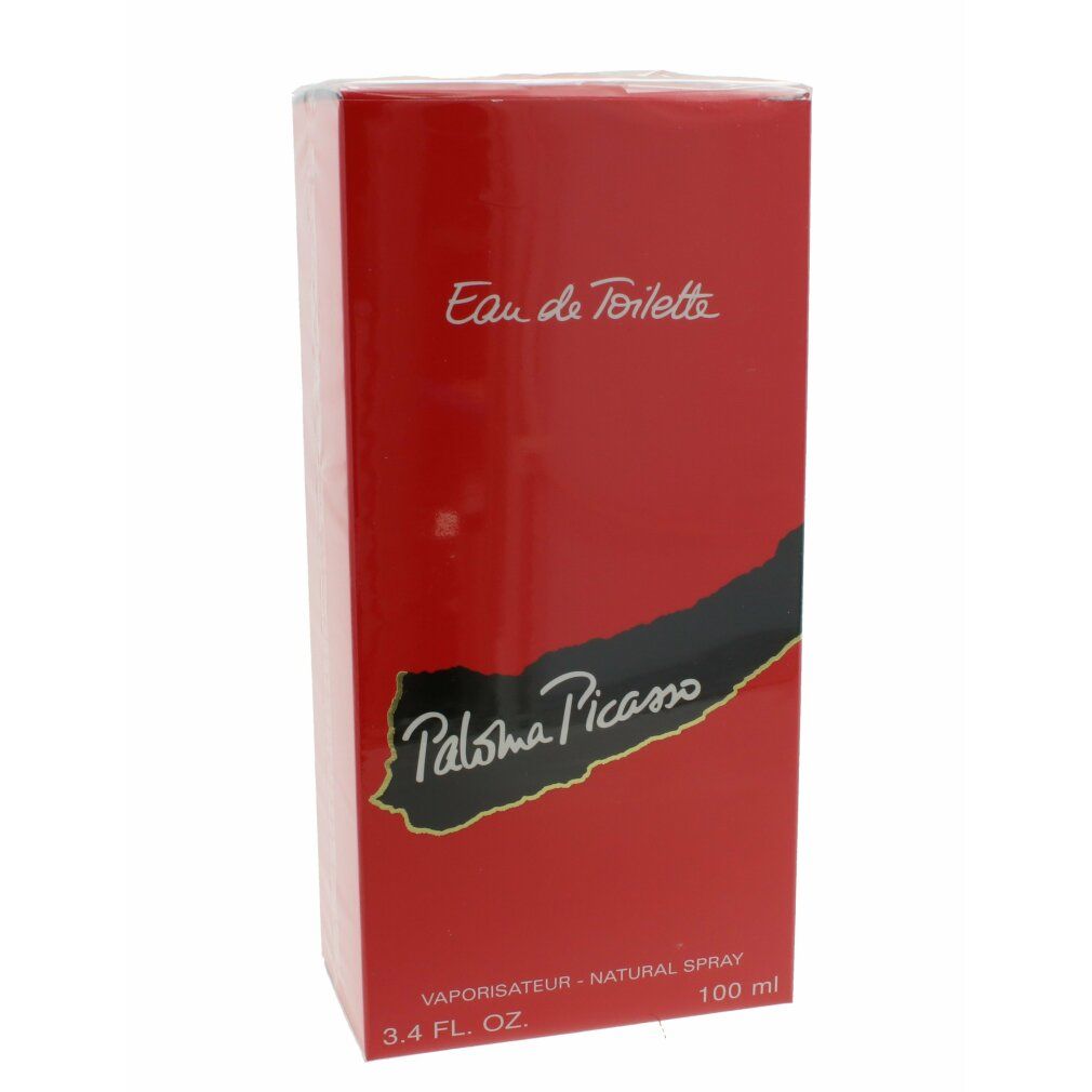 Confezione rossa. Scritta: Eau de Toilette, Paloma Picasso. Striscia nera. 100 ml.
