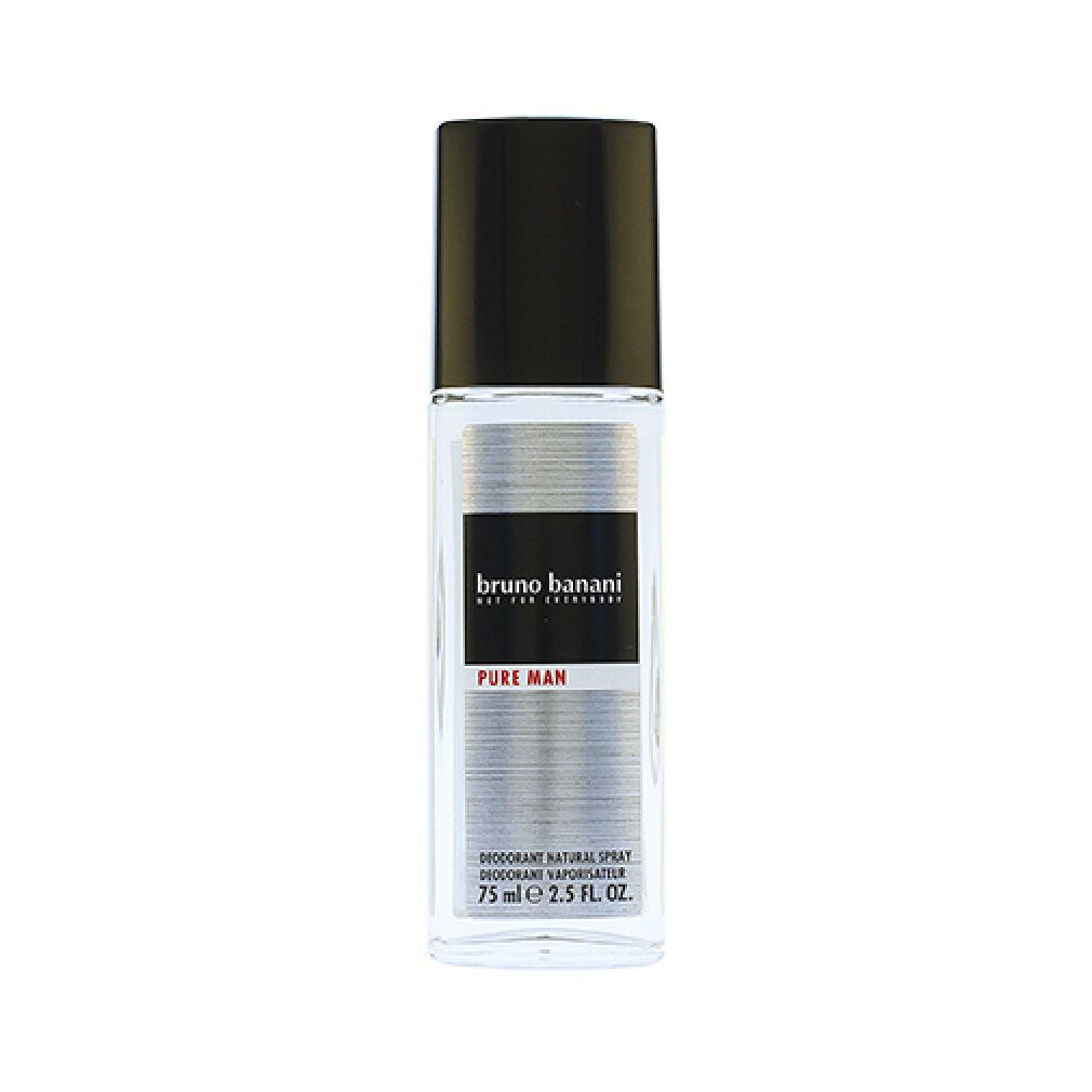 Flacone di deodorante in vetro con tappo nero. Etichetta argentata con testo. Visibili "bruno banani Pure Man" e "Deodorant Natural Spray".