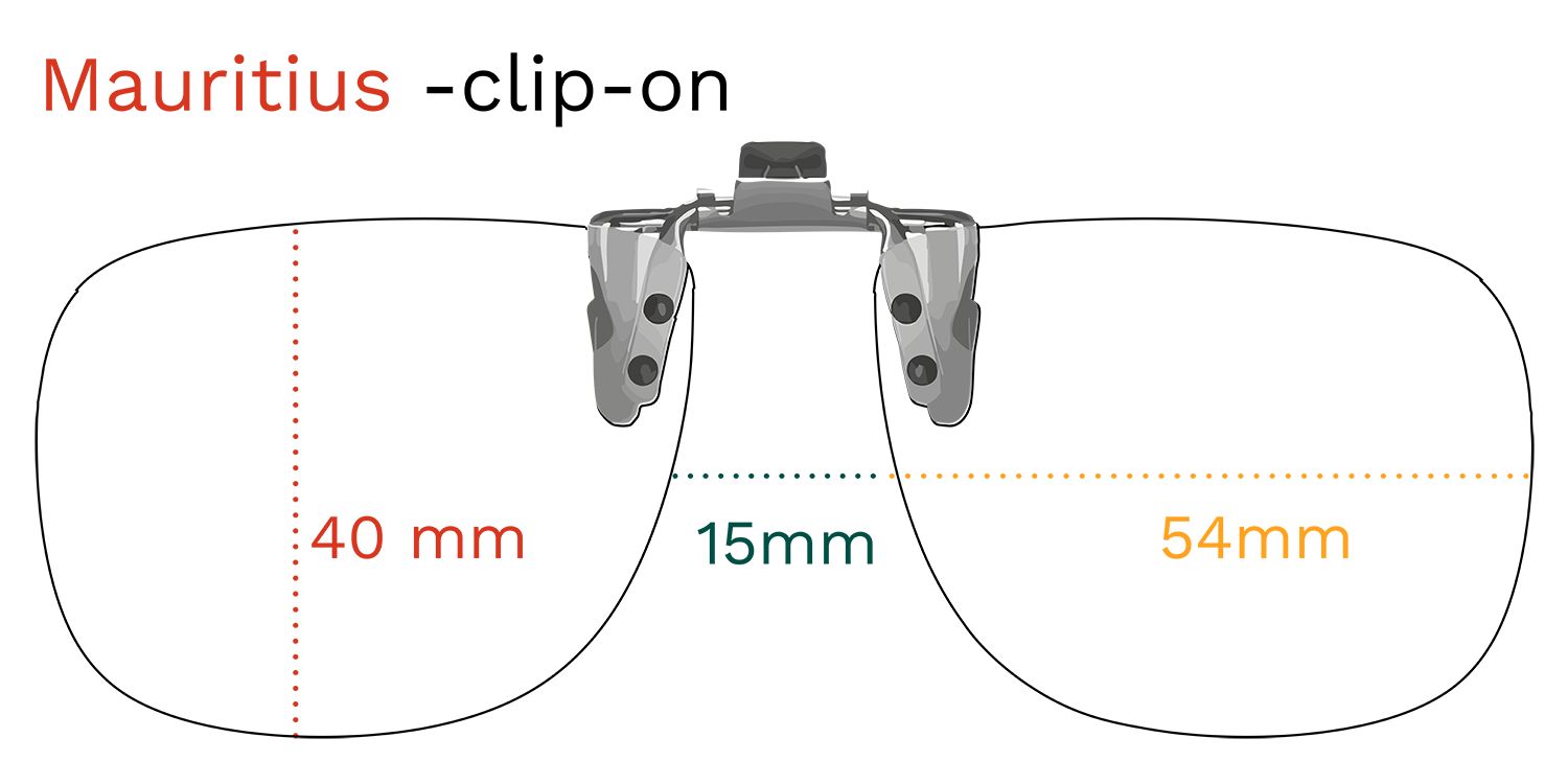 Occhiali da sole a clip con lenti marroni. Dimensioni: 40 mm, 15 mm, 54 mm. Nome prodotto: Mauritius -clip-on.