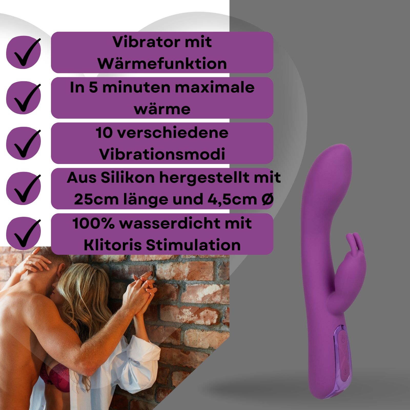 Vibratore viola con testo. Testo: Funzione calore, 10 modalità vibrazione, 25cm, 100% impermeabile.