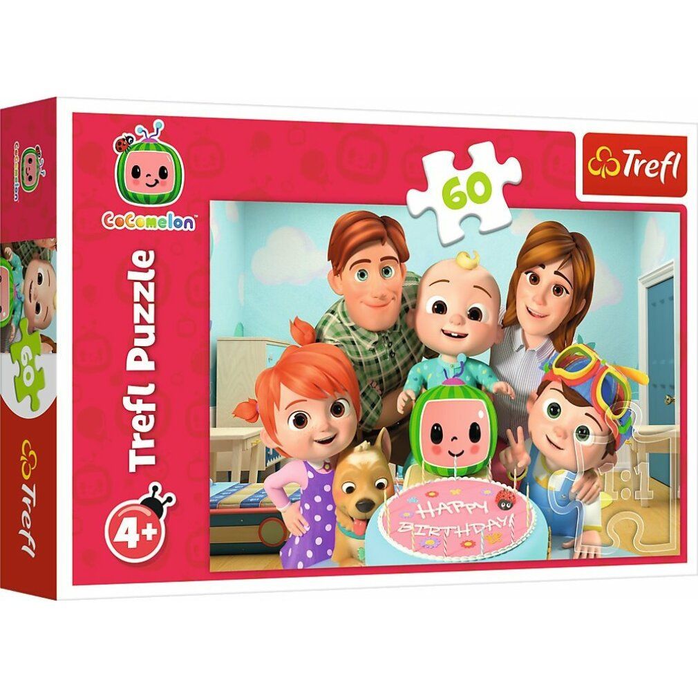 Scatola puzzle Cocomelon, logo Trefl, 60 pezzi, consigliato per bambini dai 4 anni in su.