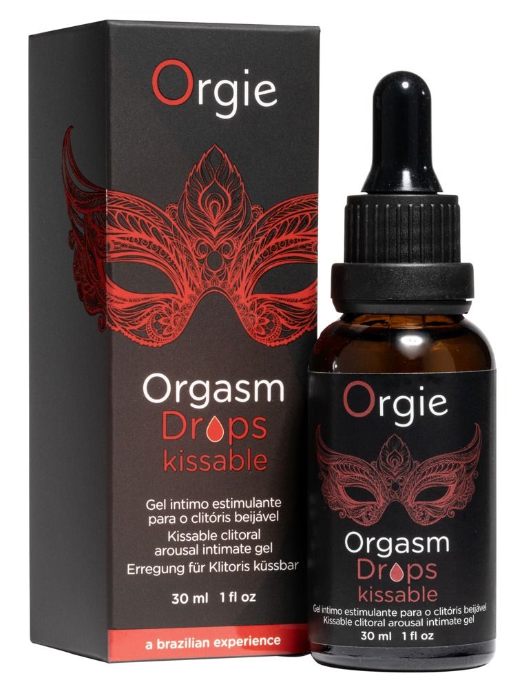 Flacone e confezione Orgie Orgasm Drops Kissable, motivo a maschera.