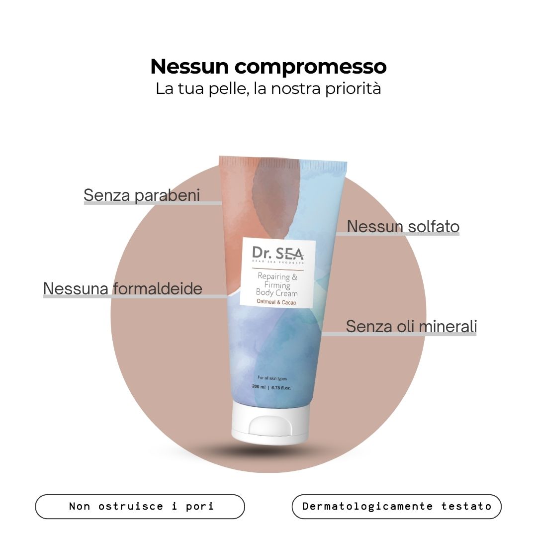 Tubo "Dr. SEA" con testo. Testo: Senza parabeni, solfati, formaldeide, oli minerali. Dermatologicamente testato.