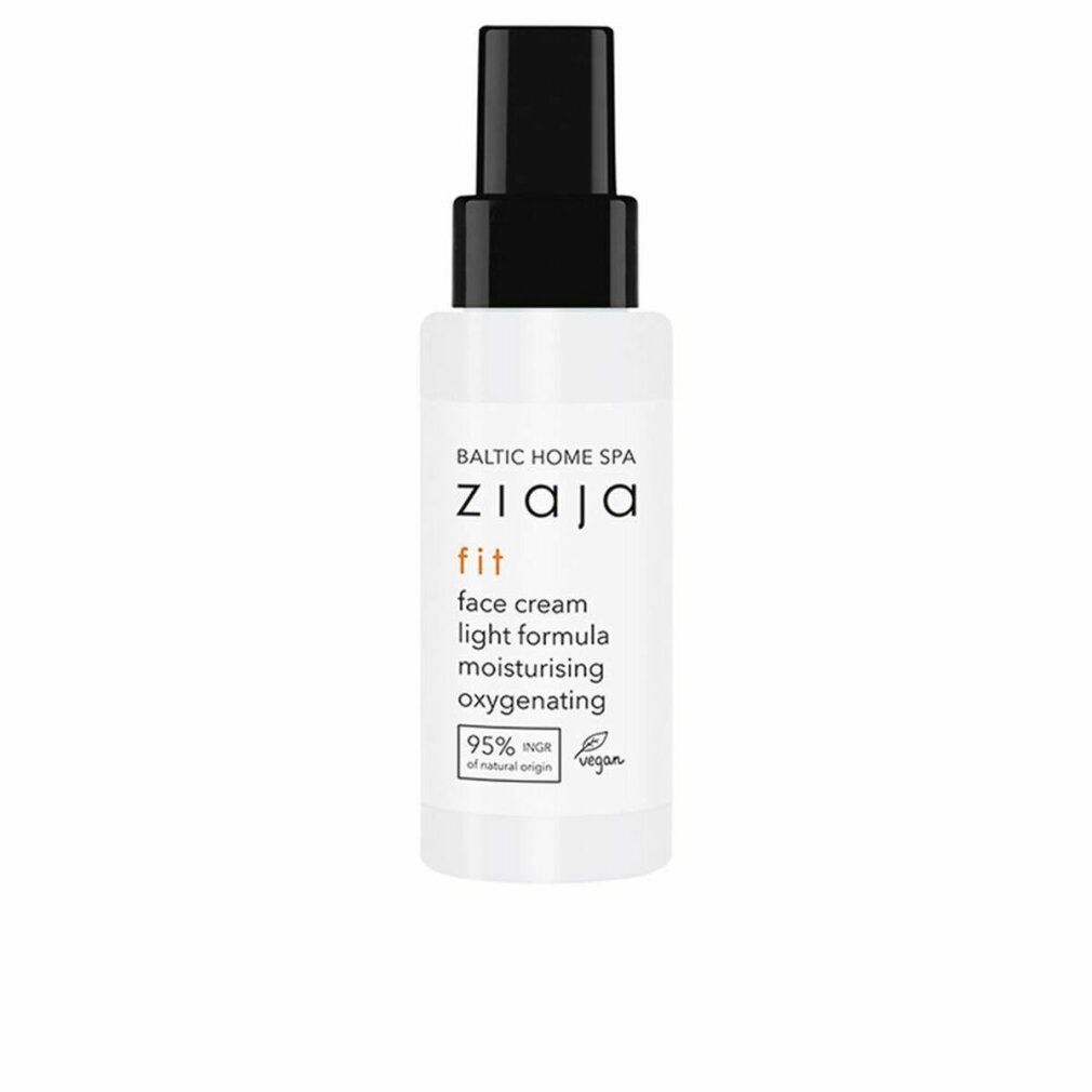 Flacone bianco Ziaja Baltic Home Spa Fit. Tappo nero. Scritte: fit, face cream, light formula, moisturising, oxygenating. 95% ingredienti naturali.