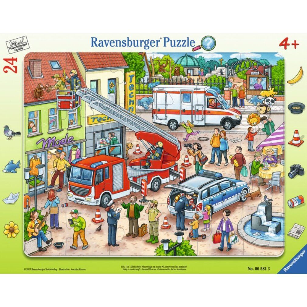 Puzzle con cornice con scena cittadina. Vigili del fuoco, ambulanza, polizia e persone. 24 pezzi, dai 4 anni. Puzzle Ravensburger.