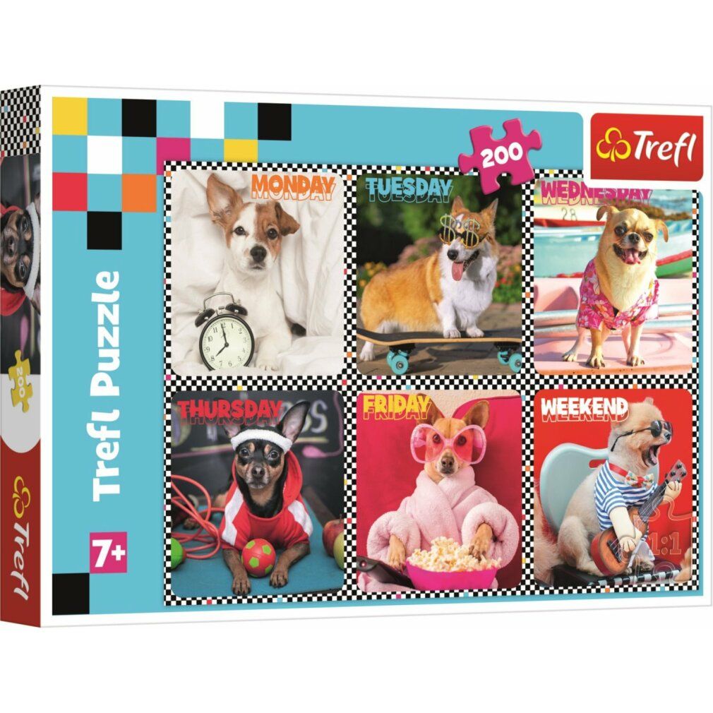 Scatola puzzle con sei cani che rappresentano i giorni della settimana. Il puzzle ha 200 pezzi ed è adatto a bambini dai 7 anni in su.