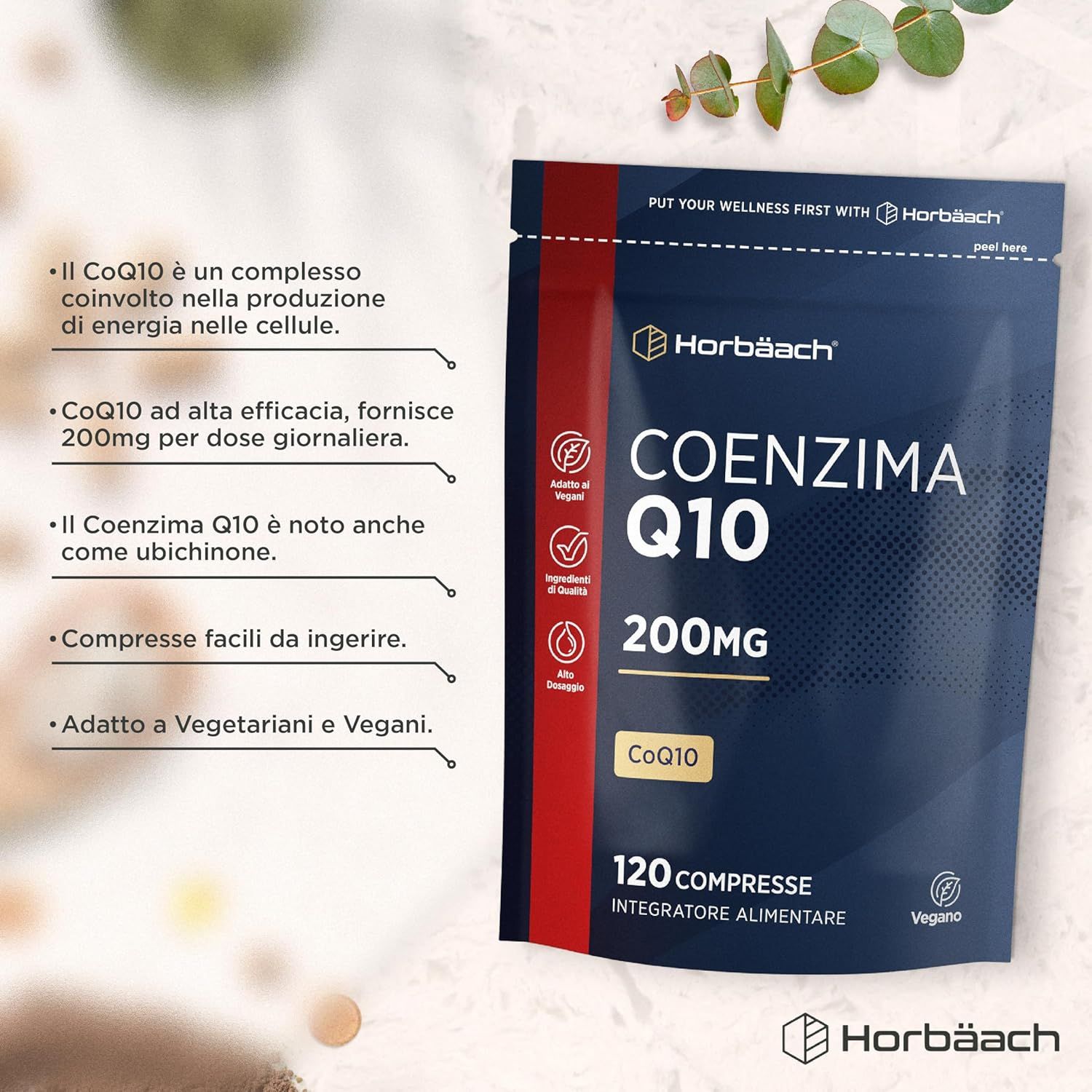 Busta di Coenzima Q10 200mg, 120 compresse. Marchio: Horbaach. Vegano. Confezione blu.