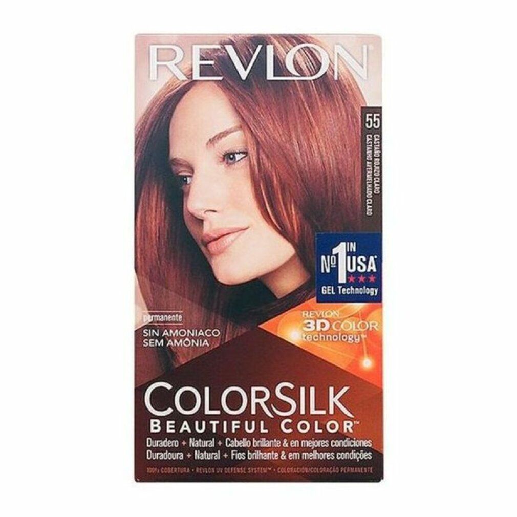 Confezione Revlon Colorsilk 55 Light Reddish Brown. Senza ammoniaca. Immagine di donna con capelli tinti. Tecnologia 3D Color Gel.