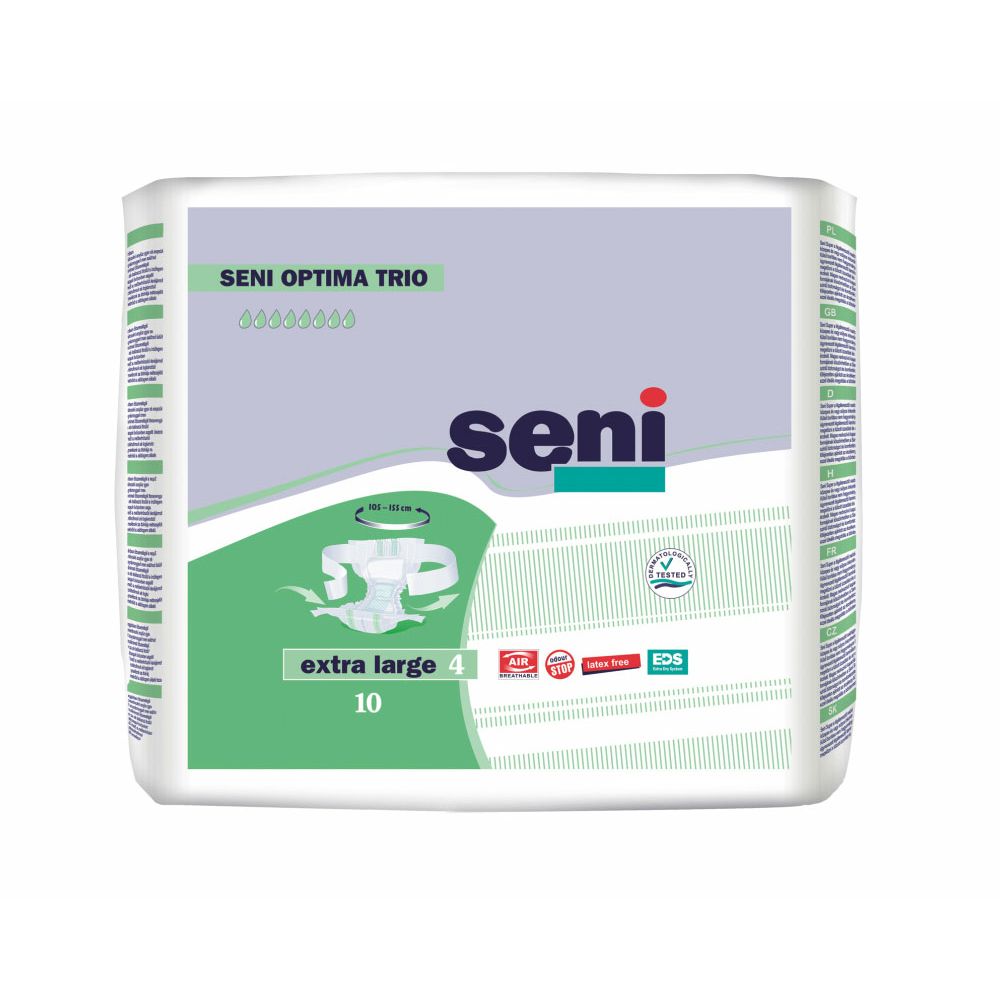 Confezione Seni Optima Trio XL, extra large, 10 pezzi. Design verde e bianco con immagine del prodotto e logo. Certificazioni.