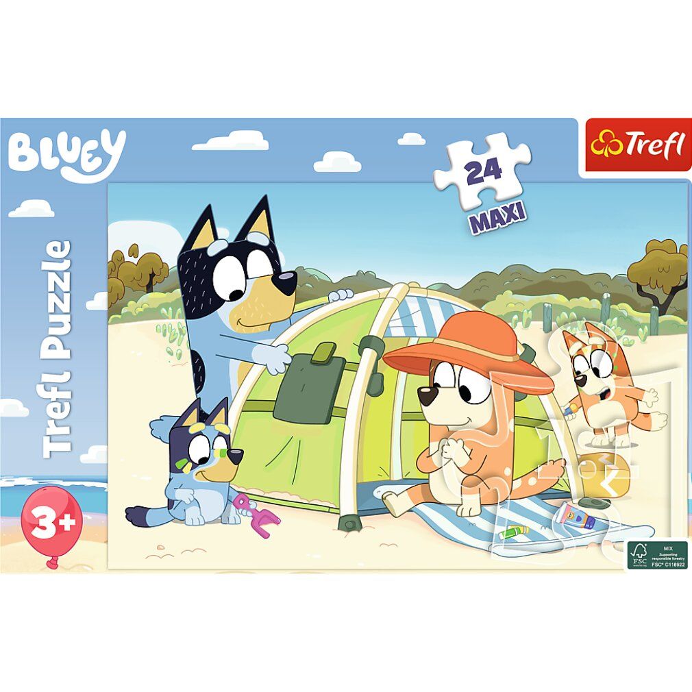 Scatola puzzle Bluey 24 Maxi pezzi. Scena spiaggia con personaggi. Loghi: Bluey, Trefl, 3+.