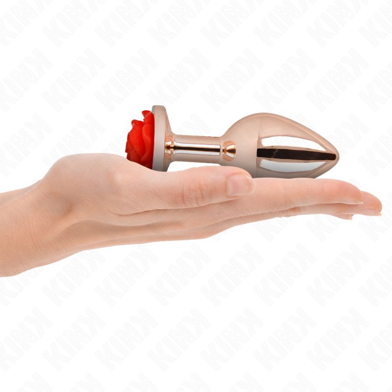 Mano che tiene un plug anale in metallo con applicazione di rosa rossa.