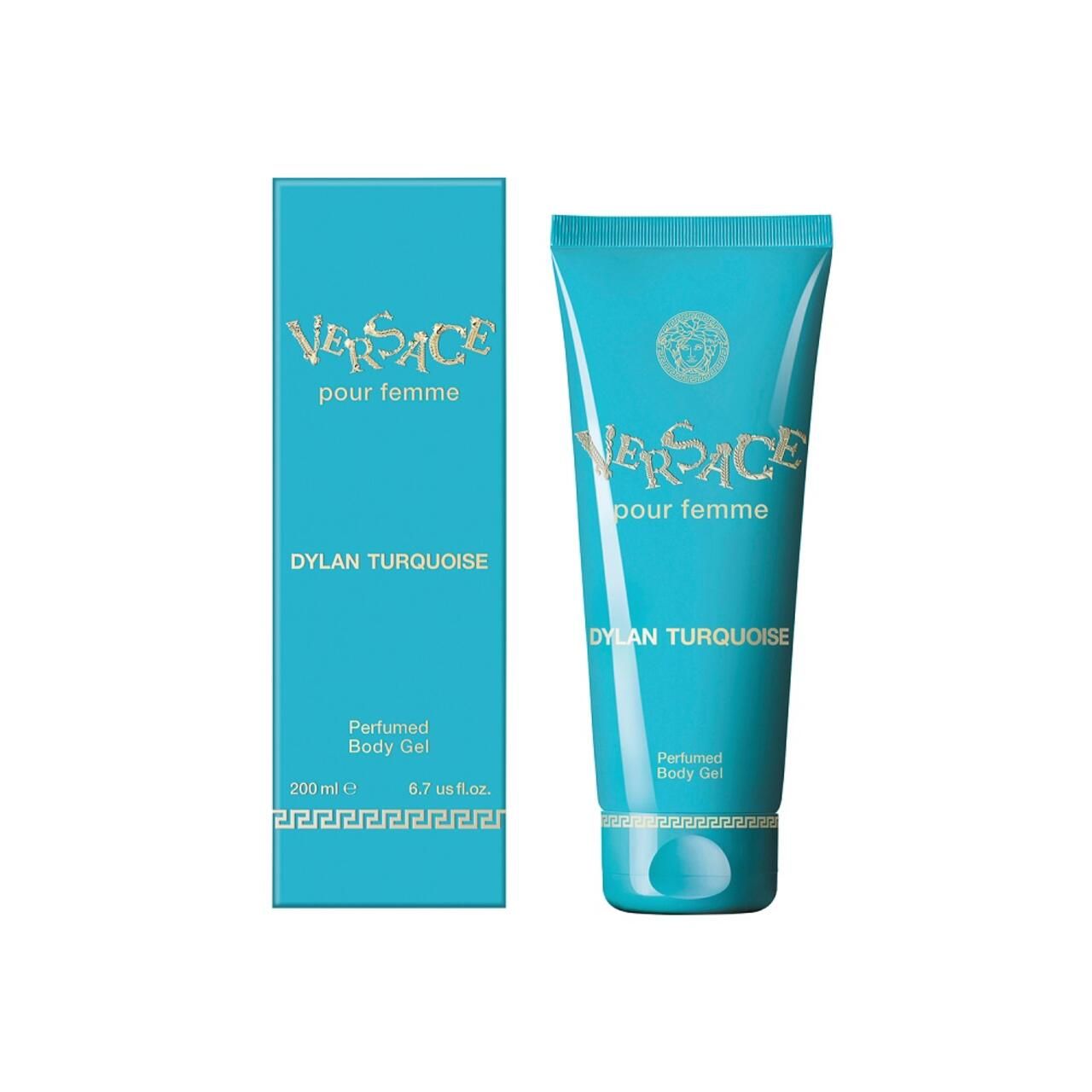Tubo e scatola turchese. Scritta Versace pour femme Dylan Turquoise. Gel corpo profumato. 200 ml.