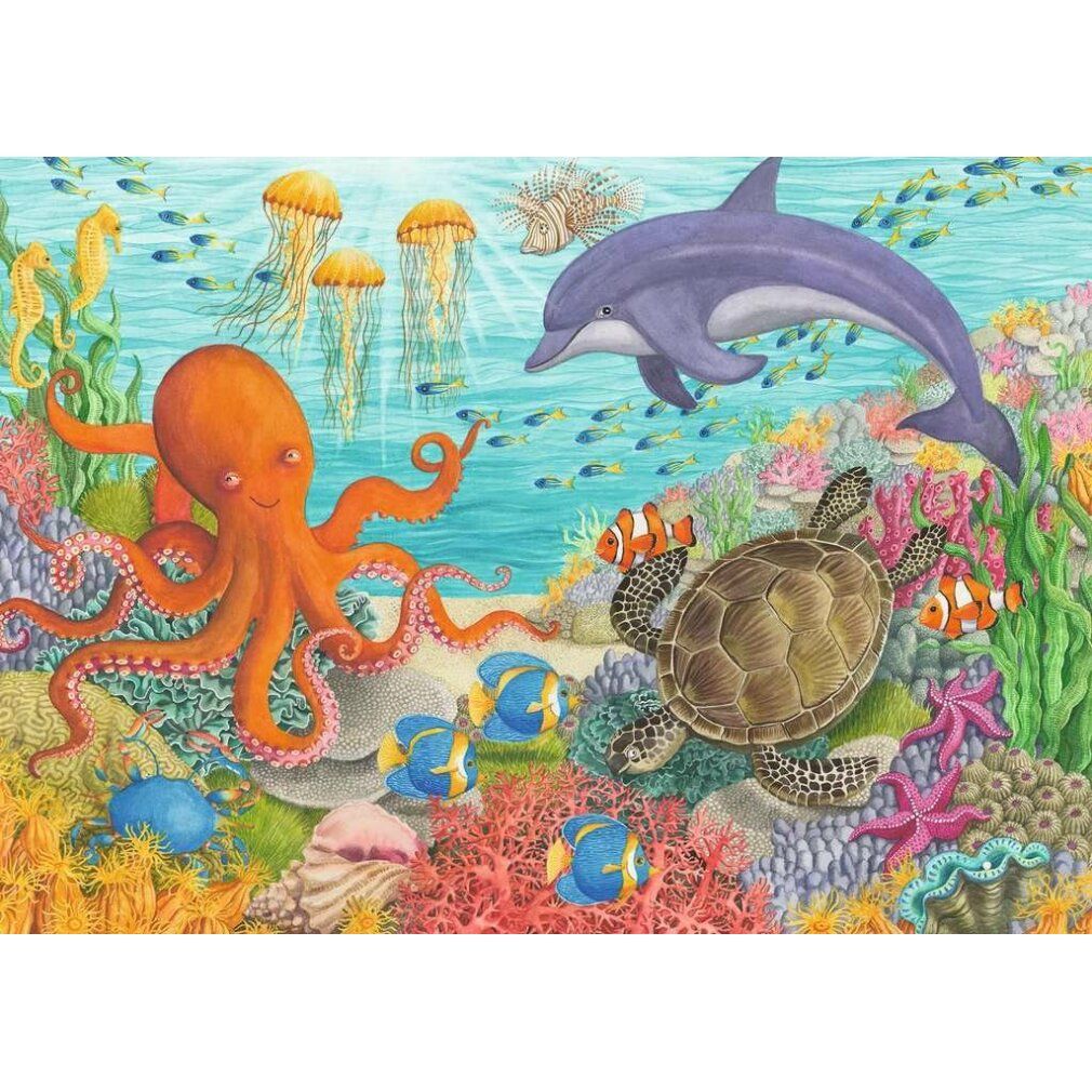 Il motivo del puzzle mostra un polpo, una tartaruga e un delfino sott'acqua. Coralli colorati e pesci sono visibili sullo sfondo.