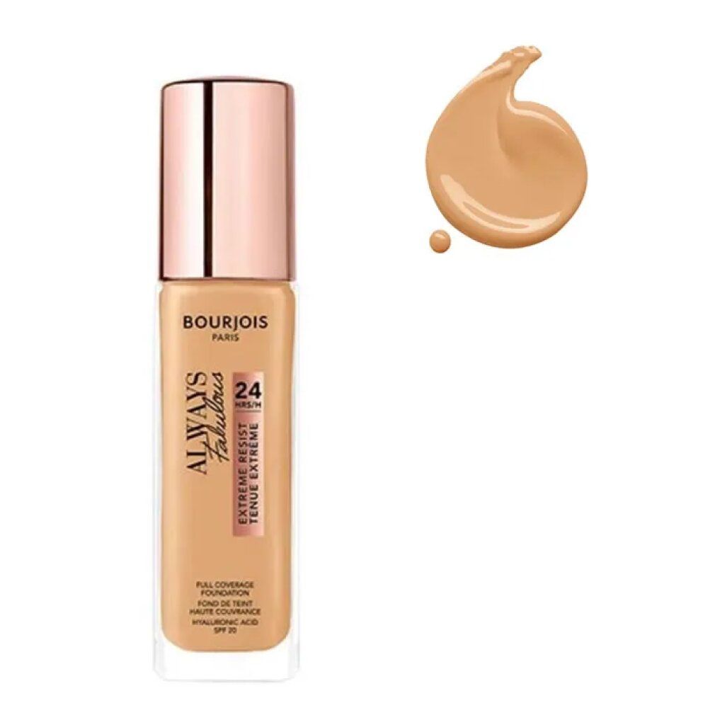 Fondotinta Bourjois Always Fabulous 24H Spf20. Fondotinta beige con campione di colore. Flacone in vetro con tappo rosa.