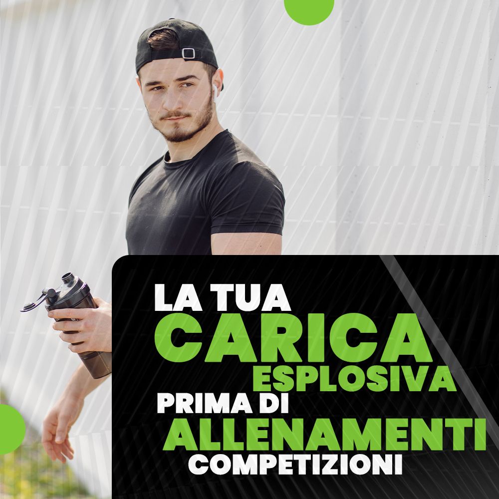 Uomo con berretto e cuffie. Testo: 'La tua carica esplosiva prima delle competizioni'. Sfondo nero.