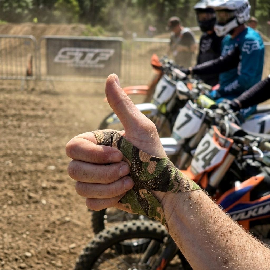 Mano con nastro mimetico, gesto pollice in su, sfondo motocross.