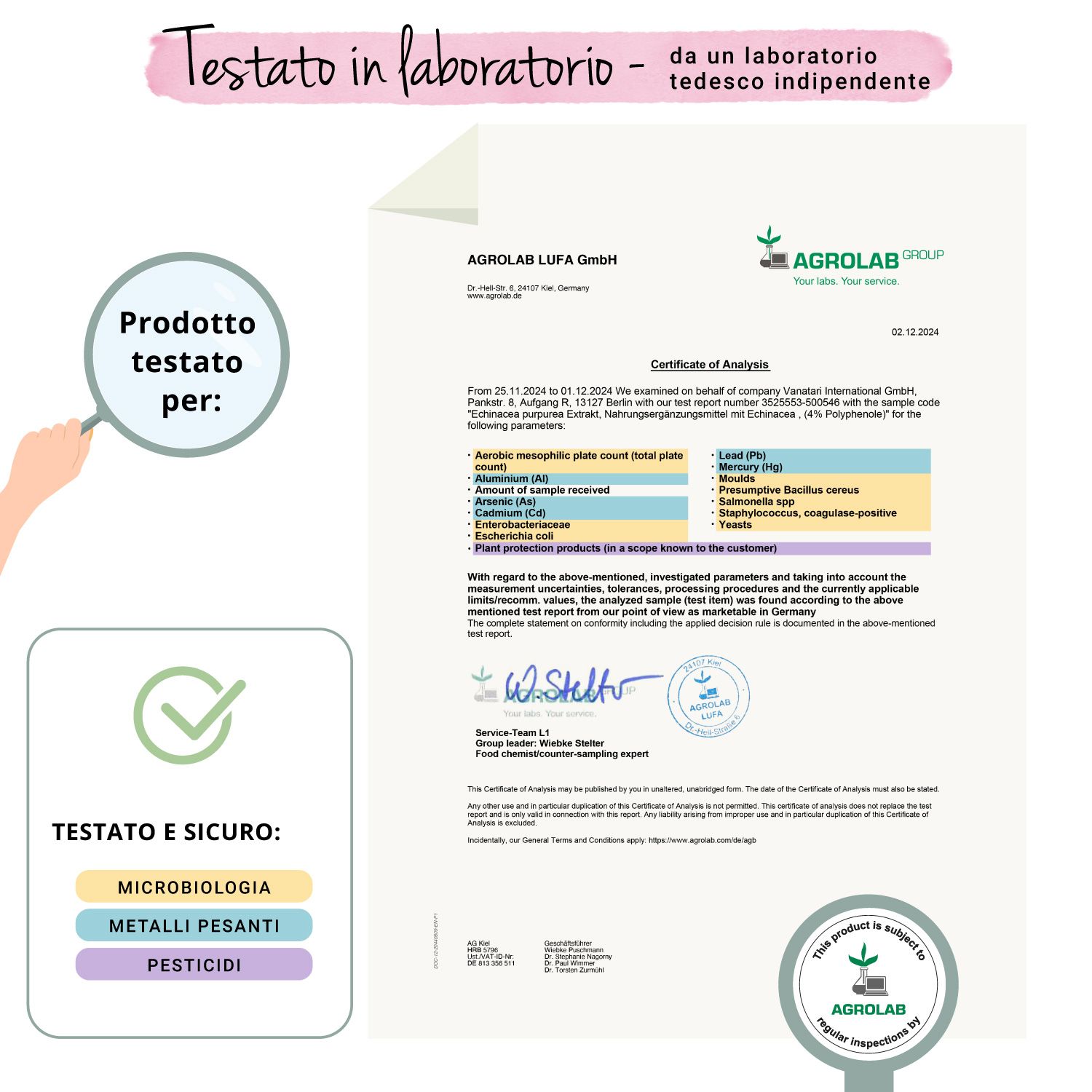 Certificato di Agrolab. Testo: Analisi di Echinacea Purpurea. Risultati: metalli pesanti, pesticidi, microbiologia.