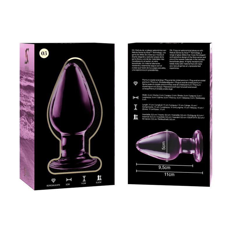 Confezione e plug anale in vetro rosa. Il plug è lungo 11 cm, largo 5 cm.