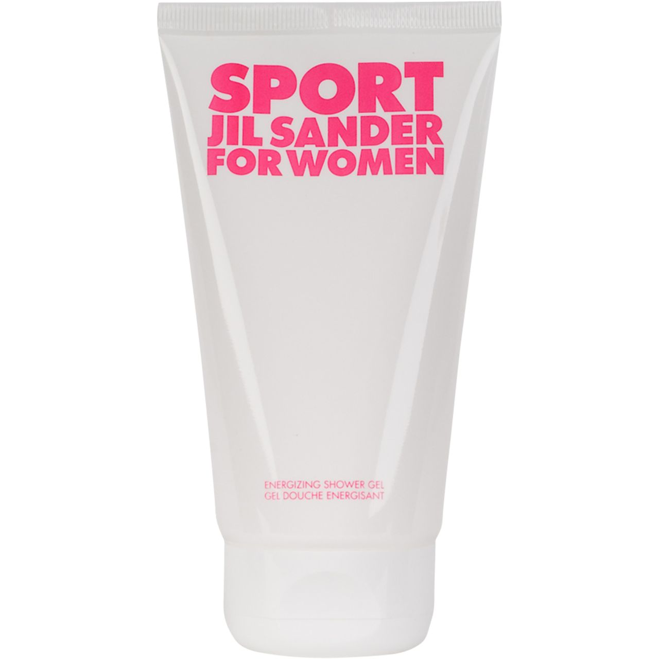 Tubo bianco con scritta rosa SPORT JIL SANDER FOR WOMEN. Sotto: Energizing Shower Gel. Chiusura in basso.