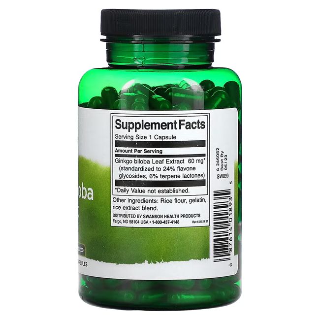 Retro del flacone verde SWANSON Ginkgo Biloba Extrakt. Etichetta con informazioni nutrizionali e ingredienti.