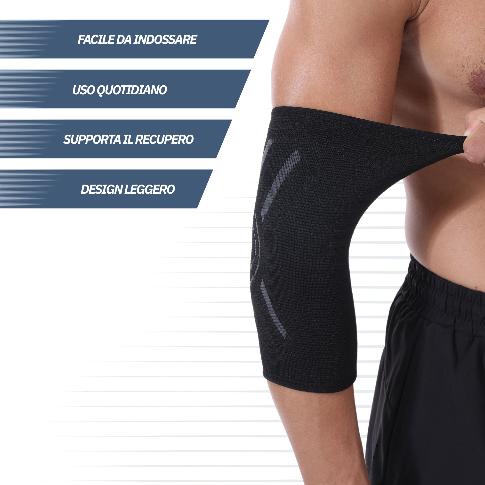 Protezione nera ed elastica per il gomito con accenti grigi. Offre leggerezza e supporto.