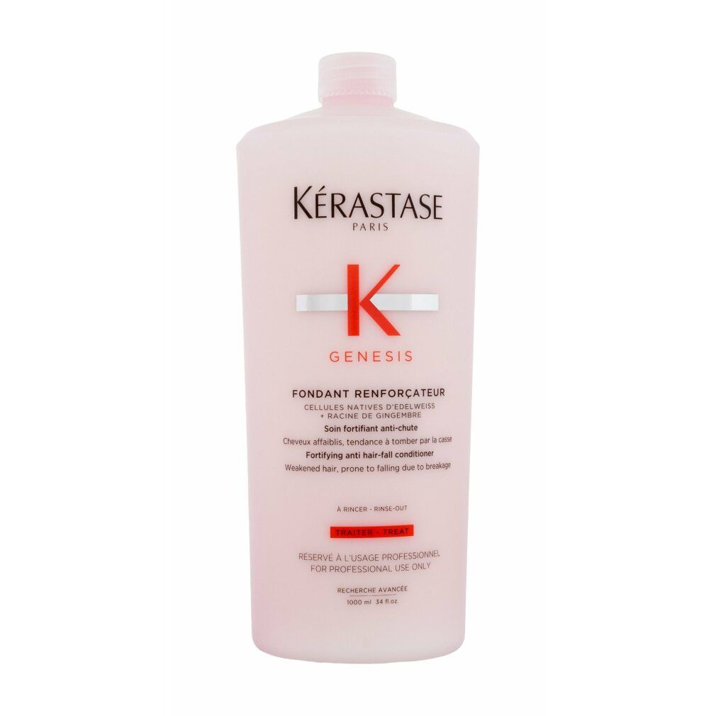 Flacone rosa con tappo bianco. Kérastase Genesis, logo e testo. Fondant Renforcateur, balsamo anticaduta. Per capelli indeboliti.